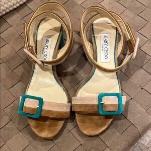 Jimmy Choo Tan and Blue Sandals with Teal Buckles